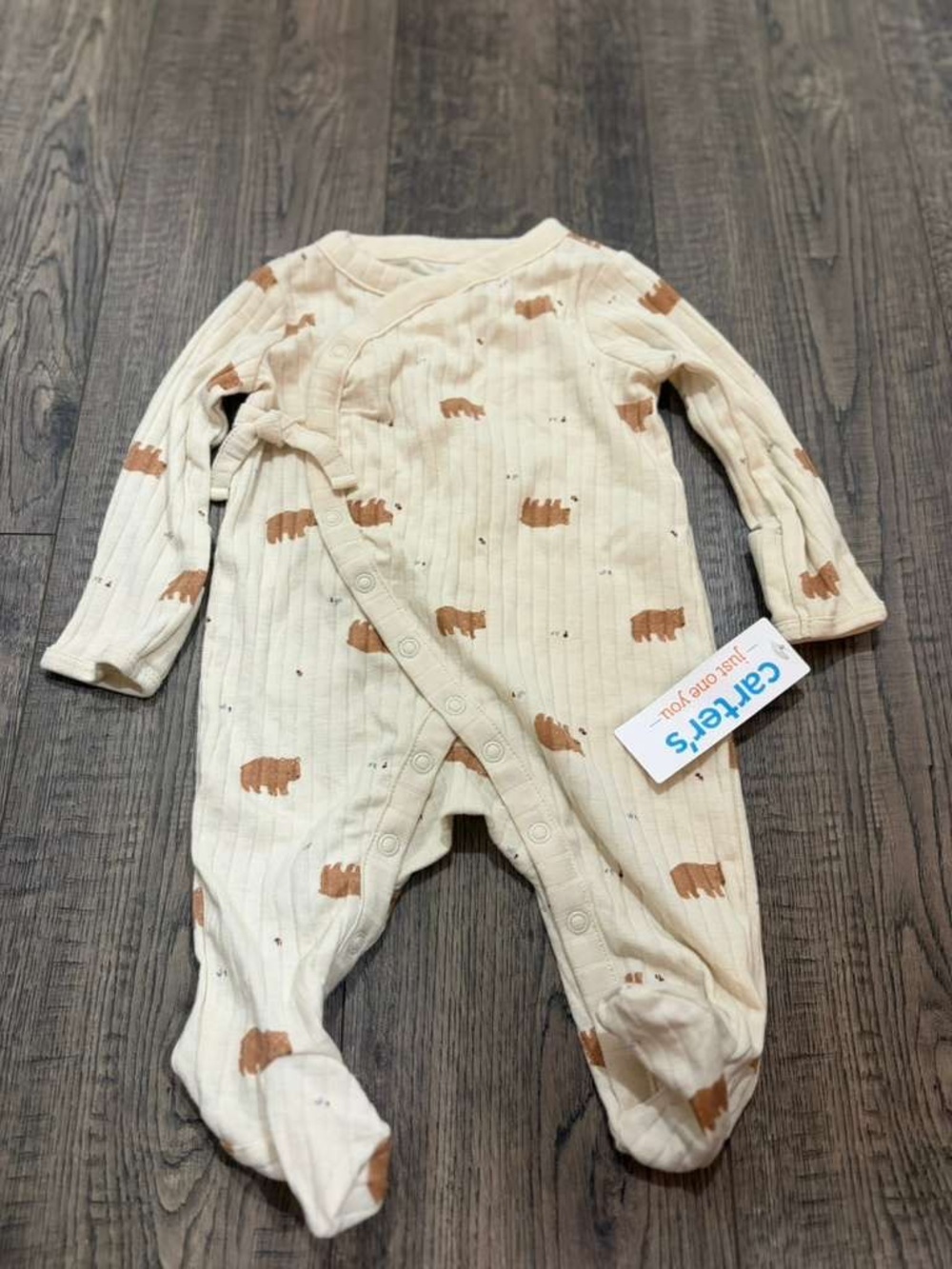 Carter's Cream Ribbed Footed One-Piece with Tan Bear Printr 3 months